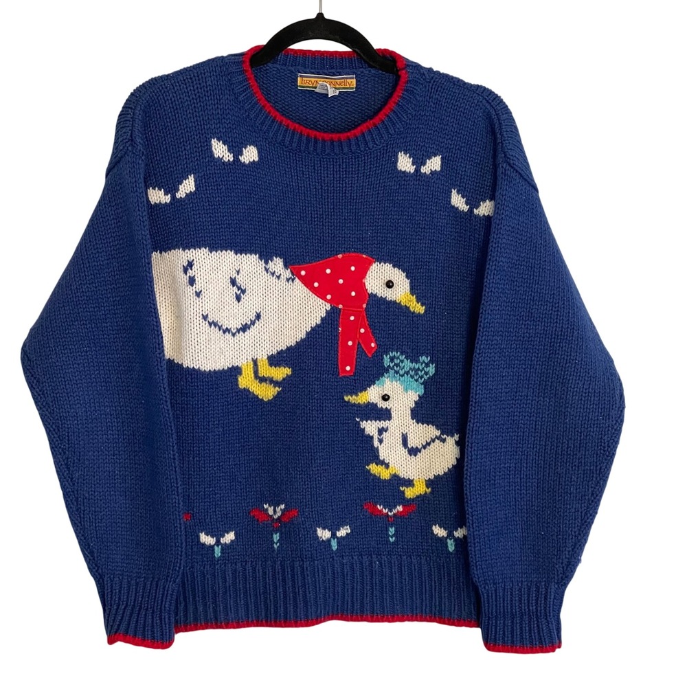 Bryn Connelly Vintage Duck Intarsia Knit Sweater Blue Wool Blend Womens Medium